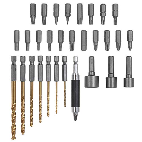 Benox Titanium Metal Drill Bits 1/4" Hex Shank Quick Release Drill Bits Screwdriver Bit Set Extension Holder Quick Change Holder High Torque Screw Driver Bit (32pcs Drill And Screwdriver Bits)
