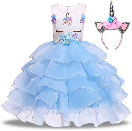 Baby Girl Unicorn Costume Dress Pageant Flower Princess Party Dresses with Headband Rainbow Tutu Skirt Birthday Wedding