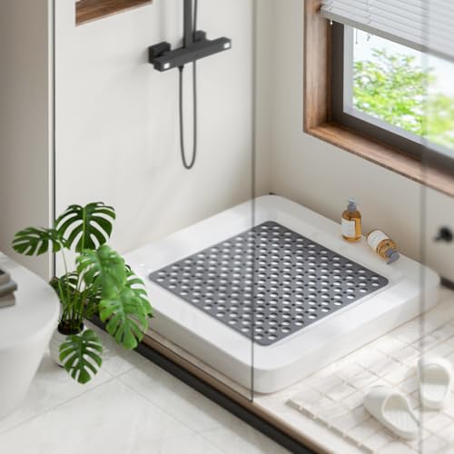 HITSLAM Square Shower Mat Non Slip Anti Mould, 53 x 53 cm TPE Bath Mat for Tub Anti Slip, Bathroom Anti Slip Shower Mat With Suction Cups and Drain Holes, Machine Washable, Grey