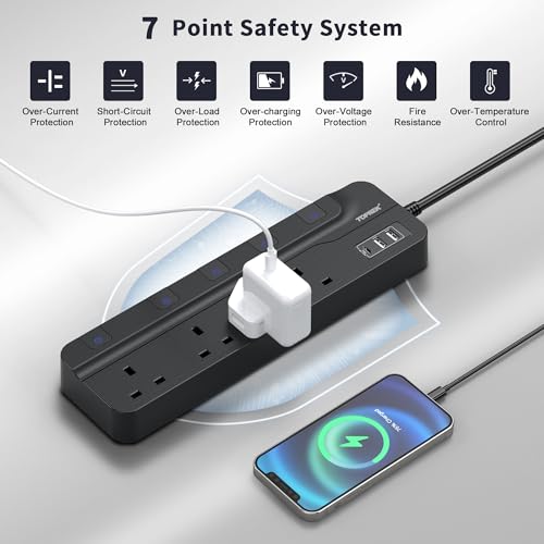 TOPREK 4 Plug Extension Lead with Ultra Wide Socket, Individual Switch 2 USB-A, 1 USB-C Extension Cable, 5m Extension Lead with USB Slots for Wall Mounting
