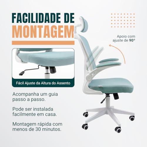 Cadeira Ergonômica Eurynom, Giratória, para Escritório e Home Office, com Encosto Reclinável (Modo Balanço), Braços Pivotantes, Apoio de Cabeça, Apoio Lombar (Azul Esverdeado)