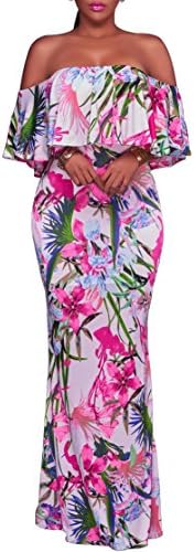 Dynen Women's Floral Print Off Shoulder Ruffle Party Long Maxi Dress