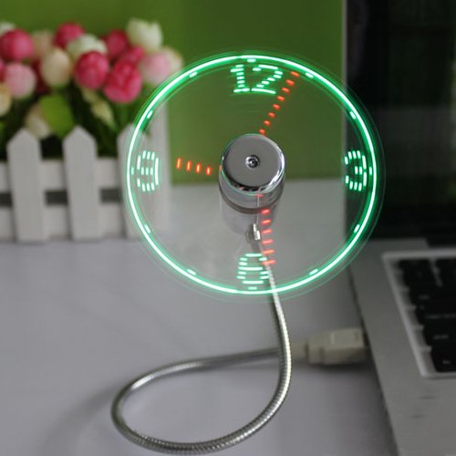 B2ocled-USB LED Clock Fan 90mm USB-Powered Portable Fan with Clock, LED Light Display Time, Mini Gooseneck Fan for laptop and PC-Green Light (Clock fan)