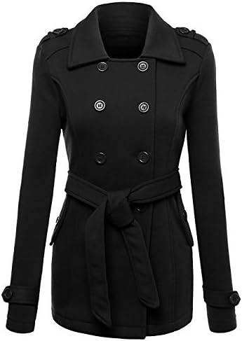 Women Double Breasted Hoodie Belted Pea Coat Long Sleeve Mid-length Jacket (Black, M)