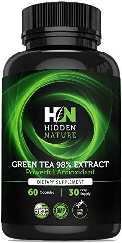 Green Tea Extract Capsules 98% with EGCG, Superior New Formula Metabolism Booster for Weight Loss, Antioxidant Supplement and Hearth Health with Natural Caffeine – 60 Green Tea Fat Burner Pills