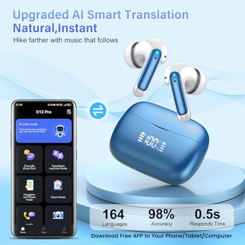 KI Übersetzer Kopfhörer, 2026 Neu Bluetooth 5.4 kopfhörer mit übersetzer 164 Sprachen kopfhörer übersetzer echtzeit mit 7 Modi, ENC Rauschunterdrückung 56H Laufzeit für Business Reisen, Saphirblau