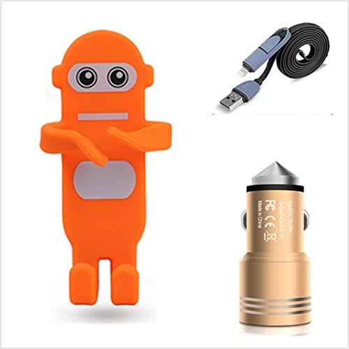 JINGRAN Super 3 In 1-Silicone Bendable Car Air Vent Phone Holder And 2 USB Ports Safety Hammer Car Charger And Lightning-Micro Connectors Cellphone Cable (Orange Robot)
