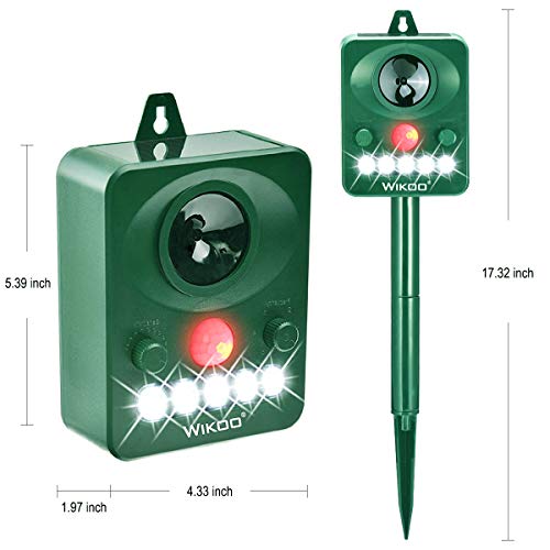 Wikoo Ultrasonic Animal Repeller ,Solar Powered Repeller,Activated with Motion,Ultrasonic and Flashing LED lights Outdoor Waterproof Repeller for Dogs,Cats,Foxes,Mice,Birds,Skunks,Etc.