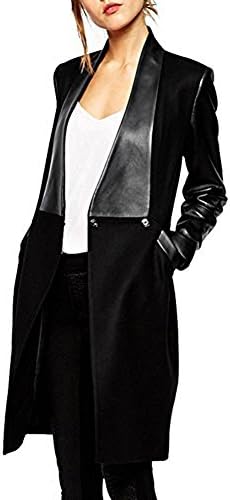 Vechell Women Splicing Blazer Style Long Slim Fit PU Faux Fur Lether Jacket Black,S