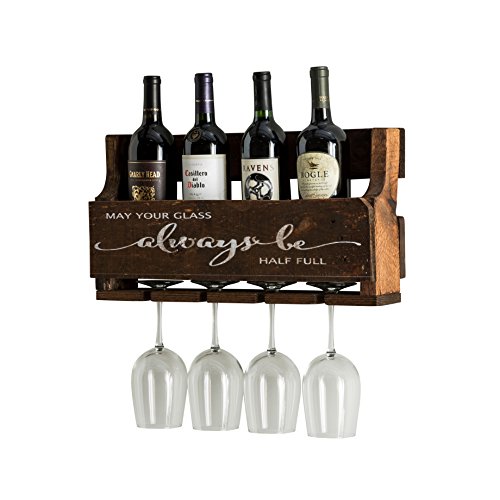 del Hutson Designs The Little Elm Wine Rack w/Quote 'May Your Glass Alway Be Half Full, USA Handmade Reclaimed Wood, Wall Mounted, 4 Bottle 4 Long Stem Glass Holder (Walnut) - Thumbnail 4