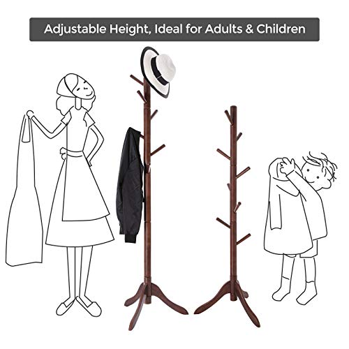 VASAGLE Coat Rack Freestanding, Wooden Coat Stand, Solid Coat Tree with 8 Hooks for Coats, Hats