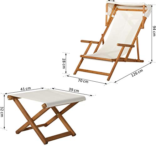 Outsunny Sonnenliege Gartenliege Relaxliege verstellbar Liegestuhl Relaxsessel Gartenmöbel mit Sonnendach Hocker Akazie… – Bild 8