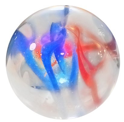OnlineScienceMall Enormous Iridescent Glass Funfair Toebreaker Marble - 50mm - with Stand (Clear w Red & Blue Streams)