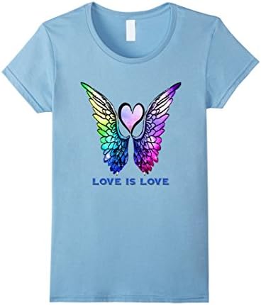 Womens Rainbow Heart and Angel Wings Love T Shirt Small Baby Blue