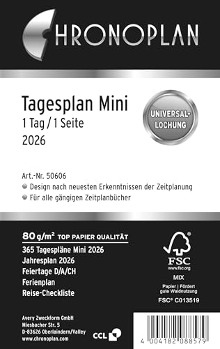 Chronoplan 50606 Kalendereinlage 2026 (Tagesplan Mini (79x125mm), Ersatzkalendarium für Terminplaner, Tagesplaner, ideal für detaillierte Tagesplanung, 1 Tag auf 1 Seite, mit Universallochung) weiß