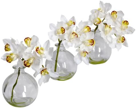 Nearly Natural 4797 Cymbidium With Vase Silk Flower Arrangement White Set Of 3