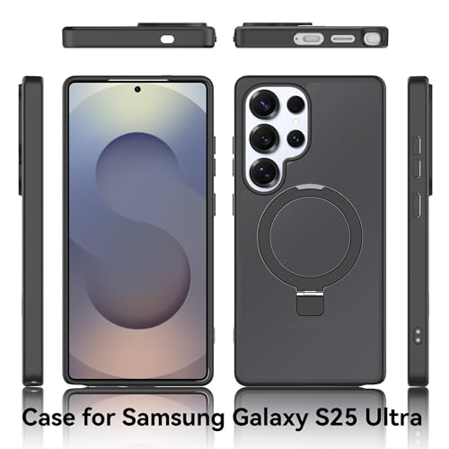 Case for Samsung Galaxy S25 Ultra with Magnetic Stand, Magsafe Case with Rotating Ring, Wireless Charging with Invisible Ring Stand Case Samsung S25 Ultra Protection -Black