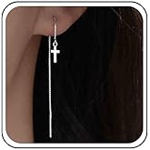 Aneneiceera Vintage Cross Threader Earrings Silver Bar Tassel Drop Earring Long Cross Pull Through Earring Minimalist Chain Dangle Earrings Jewelry for Women