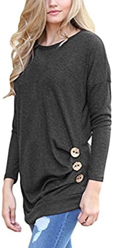 Unidear Womens Casual Tunic Buttons Decor Crew Neck Shirts Loose Tops