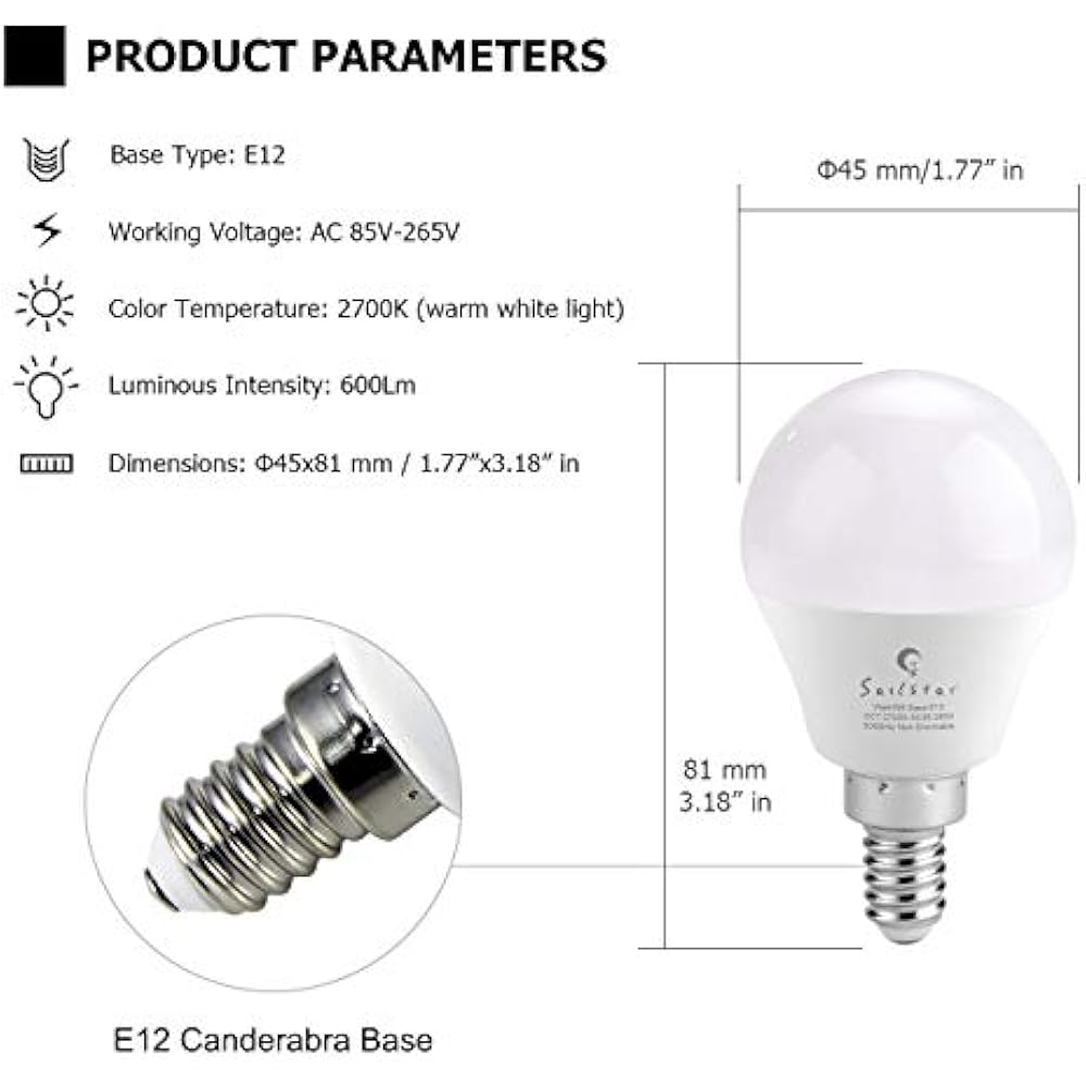 A15 LED Bulbs, 6 Watts (60Watt Replacement), E12 Small Candelabra Base