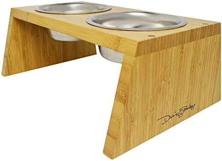 Raised Dog Bowls with Bamboo Wood Feeder, Made in USA, Elevated Bowls in Small or Medium Size, Stainless Steel Dishes for Pet Food and Water, by Divas Pawtique