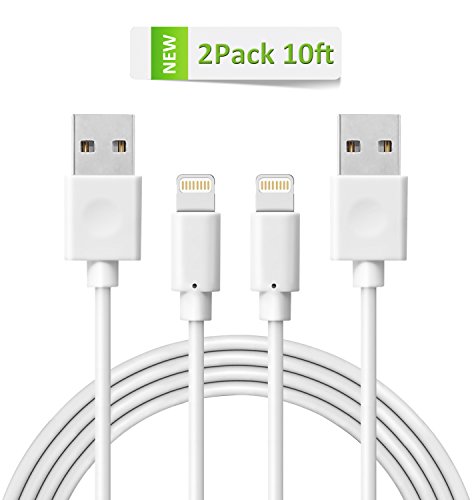 Novtech LYSB01GFV7UCI-CMPTRACCS 10' High Speed Lightning Cable for iPhone 7/7 Plus/6S/6S Plus/6/6 Plus/5S/5C/5, iPad Pro Air/iPad Mini, iPod Touch 5th/6th Nano 7th - White - 2 Piece