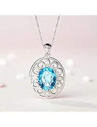 HXZZ Fine Jewelry Gifts for Women 925 Sterling Silver Natural Gemstone Swiss Blue Topaz Pendant Necklace