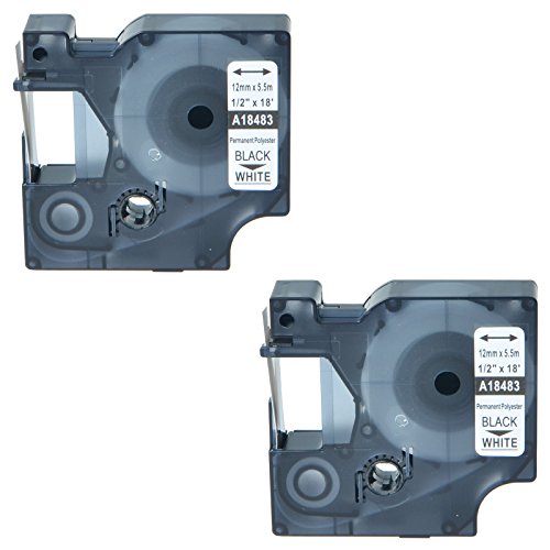 GREENCYCLE 2 Pack Industrial Polyester Compatible Dymo 18483 Black on White 1/2 inch x 18ft 12mm x 5.5m Label Tape Rhino 1000 3000 4200 5000 5200 6000 LabelWriter 450 Duo ILP 219 3M PL150 PL200 PL300