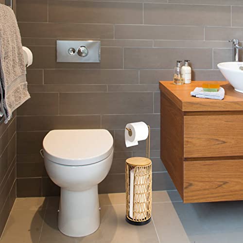 Freestanding Toilet Paper Dispenser Storage with Shelf, Standing Bathroom Toilet Paper Dispenser, Boho Rattan Toilet Paper Storage for 4 Rolls of Toilet Paper