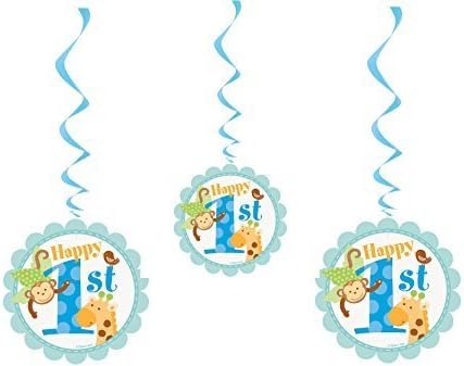 Blue Safari Boys 1st Birthday Party Hanging Swirl Decorations X 3