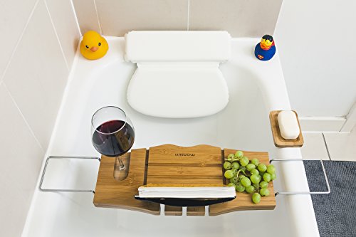 Bamboo Bath Tub Tray Caddy: Luxury Bathtub Tray with Wine Glass Holder, Book Stand & Phone, iPad Tablet Rest. Wooden Spa Bath Accessories for a Relaxing Bubble Bath for Women & Men