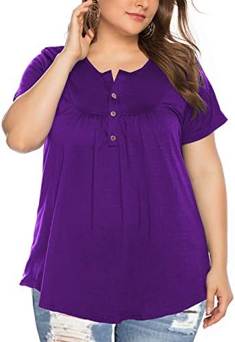 VISLILY Women's Plus Size Henley Shirt Short Sleeve Buttons Up Pleated Tunic Tops
