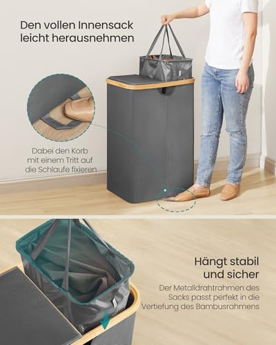 Wäschekorb 2 Fächer, Wäschesammler, 150 Liter, Wäschesortierer mit Deckel, Wäschetonne, Wäschesäcke herausnehmbar, für Waschküche, Schlafzimmer, Wohnzimmer, schiefergrau-naturbeige LCB523G01