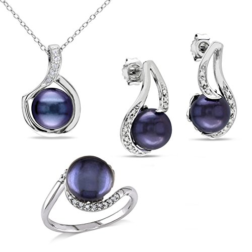 Black Freshwater Cultured Pearl and Diamond Jewelry Set 1/5ctw - Size 9