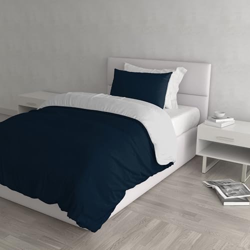 Italian Bed Linen Natural Color Duvet Cover Set with Doubleface Solid Colour Bag Sheet and Pillowcase, 100% Cotton, Dark Blue/Light Gray, single