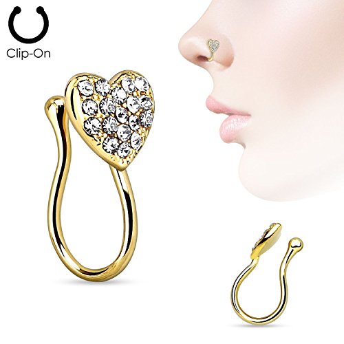 Heart with Gems Non Piercing Nose Clip - Sold Individually (Gold)