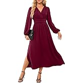 Dokotoo Womens Wrap V-Neck Empire Waist Dress Lantern Sleeve Ruched Side Slit Elegant Maxi Dress