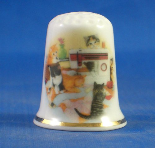 Porcelain China Thimble -- Kittens with Sewing Machine