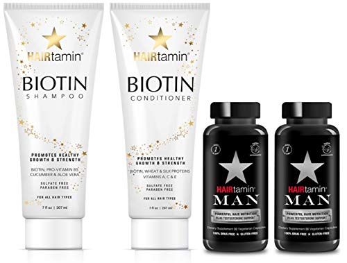 Hairtamin Biotin Shampoo and Conditioner Set for Men with Hair Growth Vitamins, Paraben-Free, Sulfate-Free, Natural Hair Thickening Regrowth Shampoos Conditioners, Thicker Fuller Beard, 60 CAPSULES