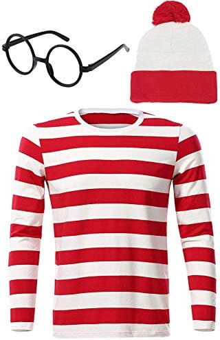 UIMLK Where's Waldo Costume Kit for Mens - Red White Long Beanie Hats,Striped Long Sleeve Tshirt,Nerd Glassess