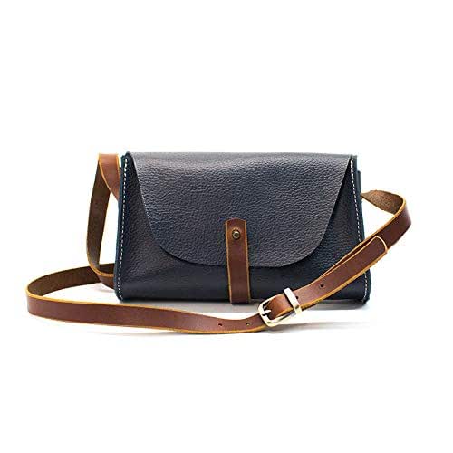blue leather crossbody purse