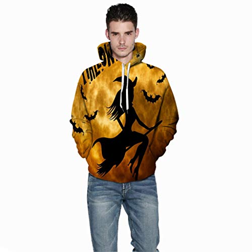 Jessie storee Helloween Hooded Sweatshirt 3D Printed Witch Bat Silhouette Print Pullover Hoodie for Men Couples Unisex Horror Clothing Large Size Sweater Loose Baseball Uniform Tide,Yellow,L