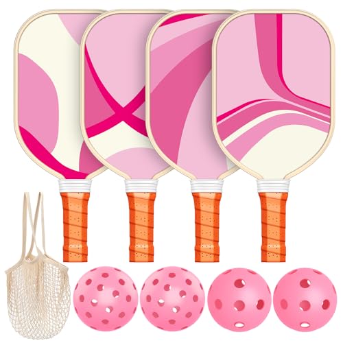 Photo 1 of Pickleball Paddles Set of 4, Premium Wood with 4 Indoor & Outdoor Pickleball Balls and 1 Carry Bag, Pickleball Rackets with Ergonomic Cushion Grip for Beginner & Professional Gifts for Women Men Youth