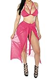 Kisscy Women's Halter Neck Cut Out Swimwear with Mesh Maxi Skirt Rose Red L