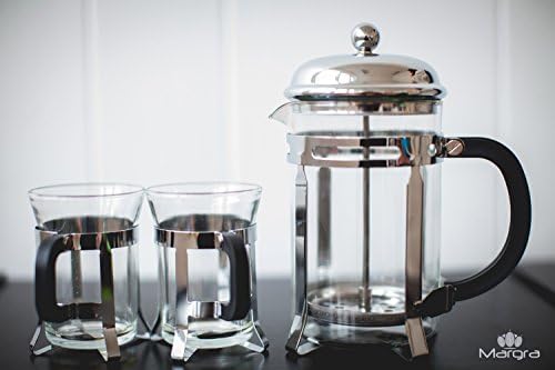 French Press Coffee &amp; Tea Maker Set, 30oz by MARGRA: Premium Heat Resistant &amp; Durable Borosilicate Glass Pot | Dual Filter System &amp; Stainless Steel Top Quality Plunger | 2 Glass Mugs