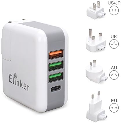 Universal Travel Adapter, Elinker 4-Port USB Wall Charger Voltage Converter with Built-in Surge Protector and Smart ID Technology,UK/AU/US/EU Worldwide Plug Adapter for MacBook,iPhone,iPad,Samsung,Tab