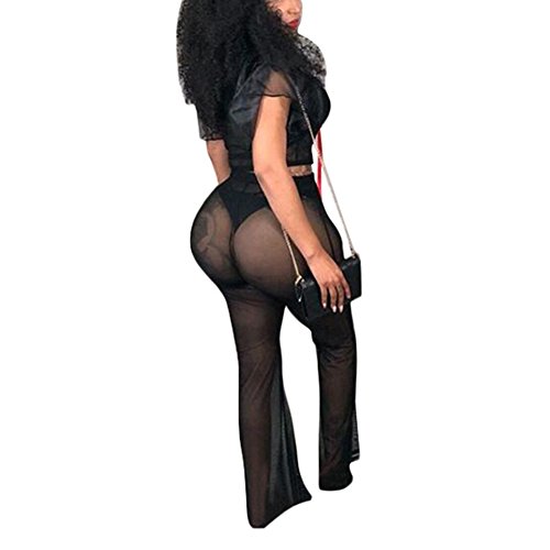 Womens Mesh See Through Bodycon 2 Piece Outfits Crop Top and Pants Set Jumpsuit Long Rompers Black S