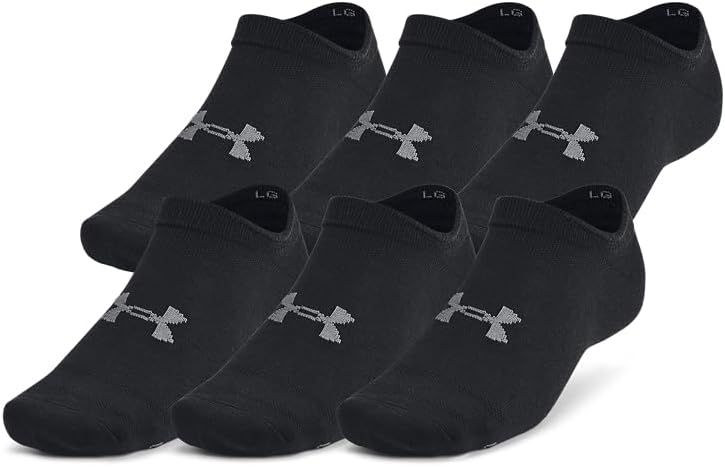 Meias invisíveis UA Essential No Show 6pk, unissex invisíveis, meias respiráveis com tecnologia anti-odor, cor preta/preta/preta/cinzento heather