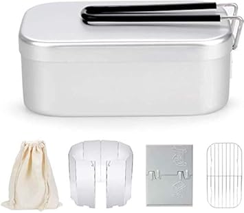 Amazon メスティン 飯盒 バットアミ キャンプ用品 ウインドスクリーン アウトドア専用5点セット 目盛り付き アルミ製 軽量 コンパクト災害時用 自動炊飯 炊く 蒸す 燻す 登山 ピクニック 収納袋付き 食品衛生法届出済 日本語説明書付き Yokellmux 皿 ボウル