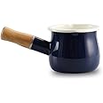 FARCADY 0.6qt Mini Enamel Milk Pot Insulated Wooden Handle 2 Pour Spouts Small Food Warmer Cute Saucepan(D015,Blue) …
